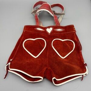 Vtg Red Suede Leather Lederhosen Oktoberfest German Shorts Youth Heart 20” Waist